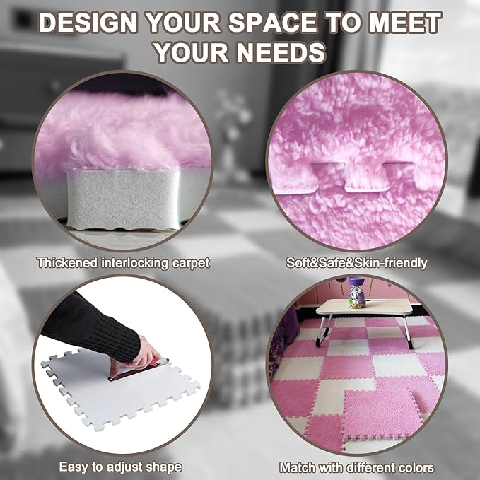 16pcs 0.6" Thickened Interlocking Tile Mats,Fluffy Shaggy Soft EVA Foam Area Rug for Living Room & Bedroom,Non-Slip Protective Floor Carpet Play Mat Kids Baby Dorm Home Decor (11.8ft, Pink)
