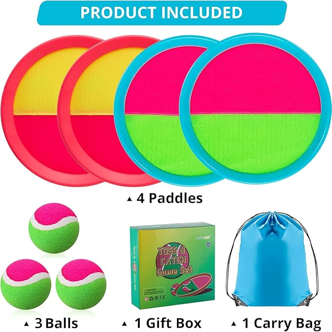 Beach Games, Outdoor Toys for Kids Ages 4-8, Toss and Catch Ball Set, with 4 Paddles 3 Balls, and 1 Storage Bag, Beach Toys Easter Gifts for Kids -2 Pink + 2 Blue