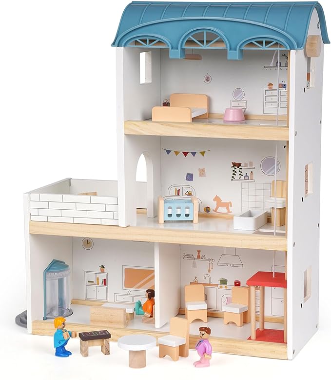 Wooden Dollhouse for Kids, Wood Doll Houses,Three-Story Dollhouse with Furniture & Accessories, DIY Pretend Play House with 3 Toy Figures, Gift for Toddlers & Young Girls Boys