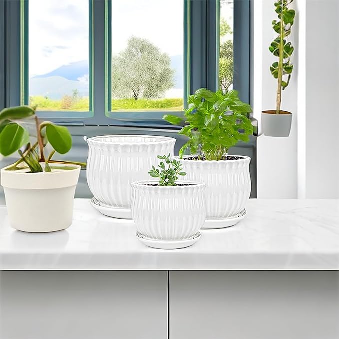 Yesland Ceramic Flower Plant Pots with Saucer, Set of 3 in Different Sizes, Modern Round Ceramic Succulent Planter Pots with White Stripe Texture for Garden