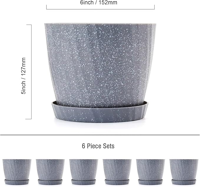 6 Inch Plant Pots Bulk, 6 Pack Plastic Planters with Drainage Holes and Saucers for Indoor Outdoor House Plants and Flowers, Grey Spots