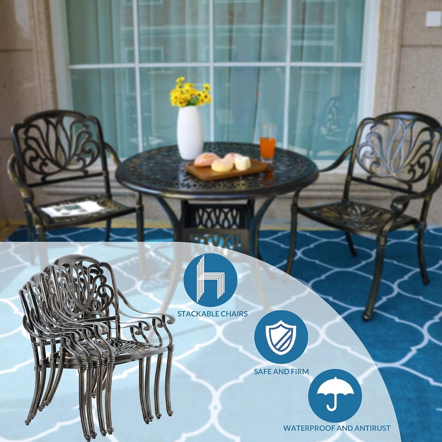 MEETWARM 3 Piece Patio Bistro Set, Outdoor All-Weather Cast Aluminum Dining Furniture Set Includes 2 Chairs and a 35.4” Round Table with Umbrella Hole for Garden Deck