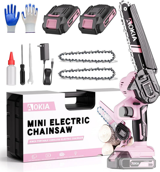 Cordless Mini Chainsaw 21V,6In Electric Chainsaw,Handheld & Portable Power Chain Saw for Tree Trimming Pruning Garden & Yard Work,2 Battery Chain Saw Gifts for Men Women Dad Pink