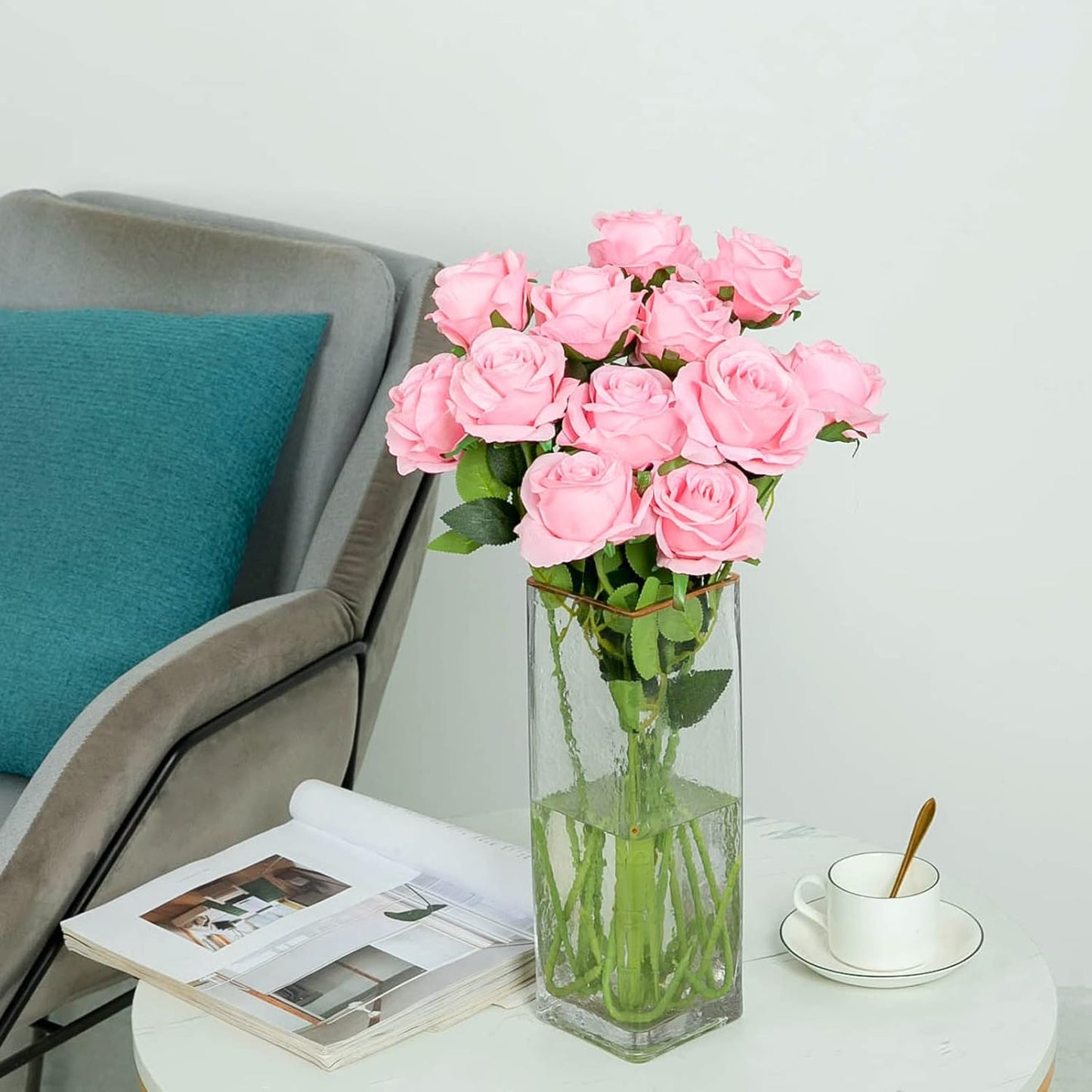 Hawesome FLORRALIA 12PCS Artificial Silk Flowers Realistic Roses Bouquet Long Stem for Home Wedding Decoration Party (12pcs-Pink) 1