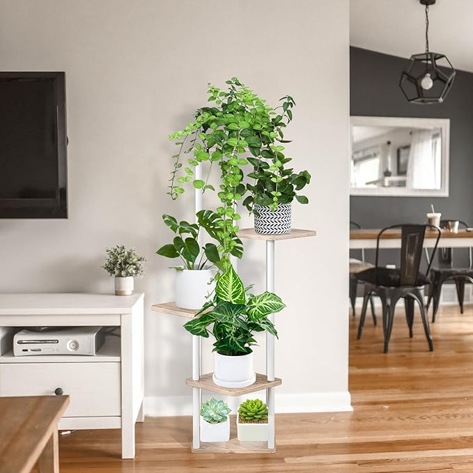 5 Tier Wood Tall Plant Stand Metal Rack Indoor, Multiple Flower Pot Holder Shelves Corner Rack, Planter Shelf Display Rack Storage Organizer for Patio Living Room Balcony Garden(White Oak)