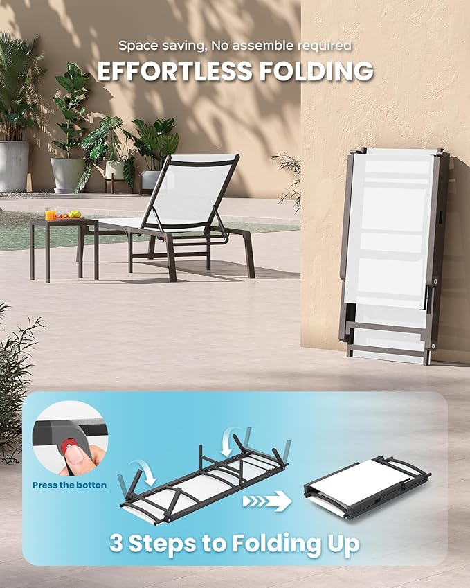 Pool Lounge Chairs Set of 2, Foldable Aluminum Chaise Lounge Outdoor with 5 Positions Recliner - Free Assembly - Patio Chaise Lounge Chair for Poolside, Beach, Yard (White, 2 Pack)