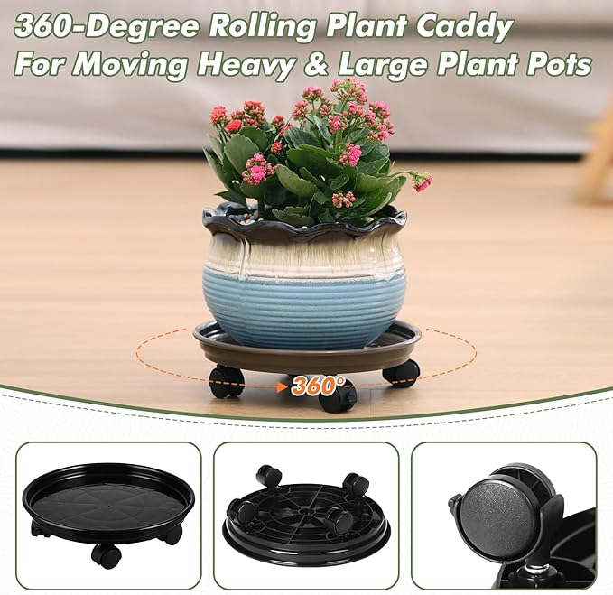 6 Packs Plastic Plant Caddy with Casters 12” Plant Dolly Heavy Duty Rolling Plant Stand with Wheels for Indoor and Outdoor Large Heavy Plant Pot Rollers, Black and Brown