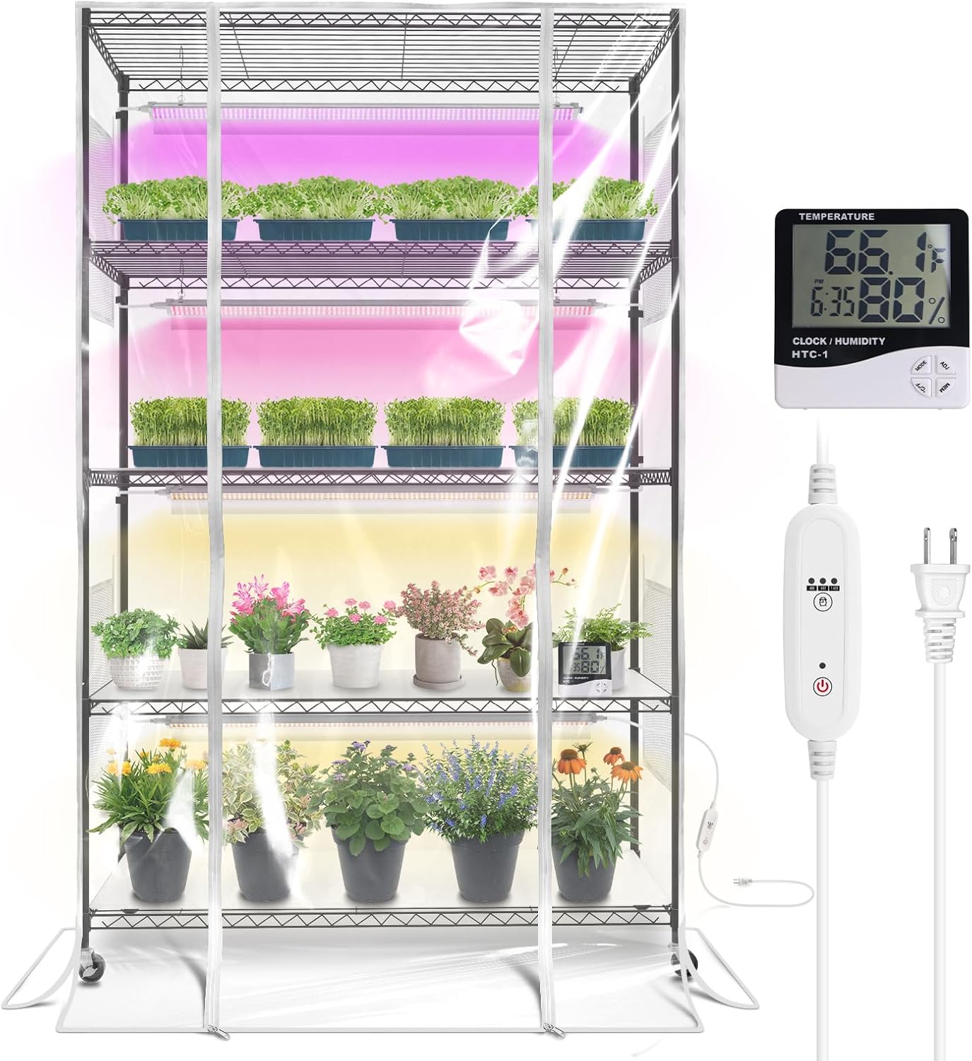 Indoor Greenhouse with Grow Light, Tall Plant Stand with 4 Pack Full Spectrum Plant Lights , 3 Color Modes, Plant Shelf with Tent for Indoor Plant, Seed Starting, Seed Tray, 47.2"x17.8"x70.9"