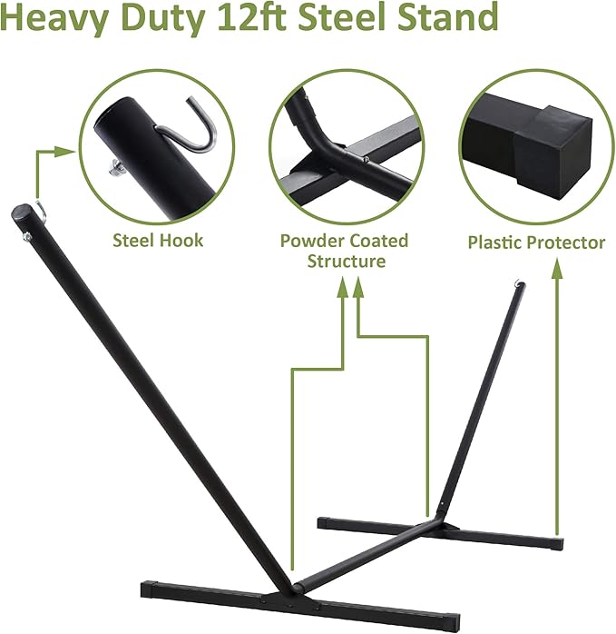 SUNCREAT Portable Double Hammock with Stand, 475 lbs Capacity, Heavy Duty Two Person Hammock with Stand Included, Green Stripe