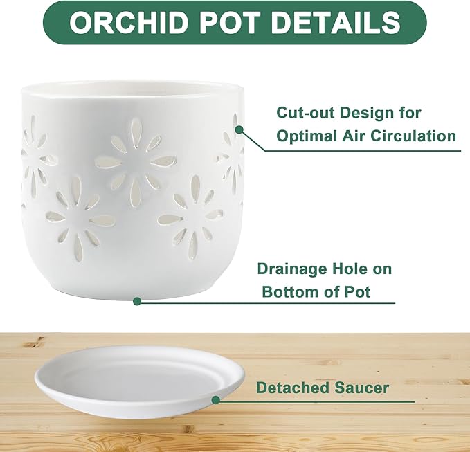 Orchid Pots with Holes, 5+6 Inch Orchid Pots with Drainage Holes and Tray, Effective Drainage and Ventilation to Assist New Plants or Repotting, Indoor/Outdoor Flower Pots -White