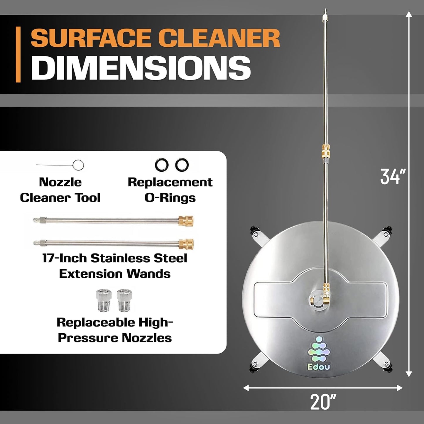 EDOU Pressure Washer Surface Cleaner - 20-Inch Stainless Steel Cleaner, 2 Replaceable Nozzles, 2 Washer Wand Attachments, 4 Wheels - 4000 PSI Maximum Pressure - 1/4" Quick Connector