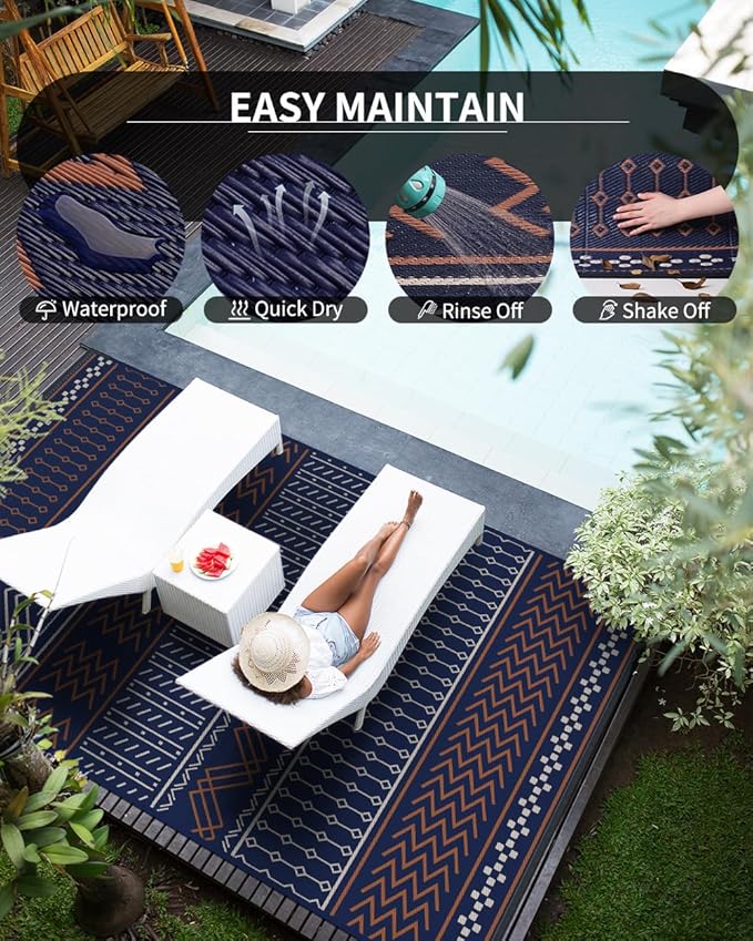 Outdoor Rug Carpet Waterproof 5x8 ft Patio Rug Mat Indoor Outdoor Area Rug for RV Camping Picnic Reversible Lightweight Plastic Straw Outside Rug for Patio Decor Decoration Boho Rug Navy Red