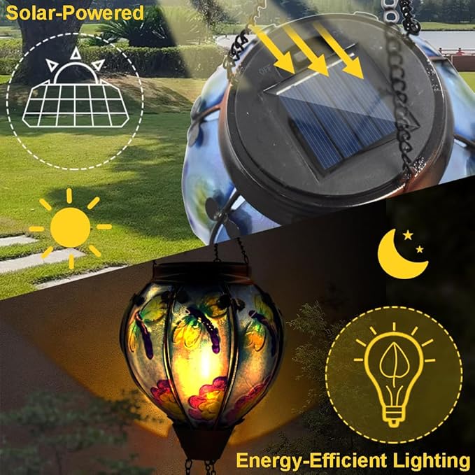 Hot Air Balloon Solar Lantern with Flickering Flame, Glass Hanging Garden Lights Outdoor Waterproof for Tree Yard Patio Mother's Day Gift, 18" H Dragonfly