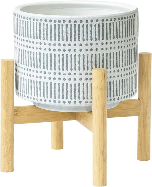 LA JOLIE MUSE Ceramic Plant Pot with Wood Stand - 7.3 Inch Modern Round Decorative Flower Pot Indoor with Wood Planter Holder, Slate Blue and White