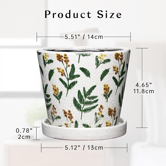 5.5 Inch Decorative Plant Pots, Round Ceramic Planters for Indoor Plants Pots with Drainage Hole Saucers, Lemon Green Leaves Ceramic Flower Pots Retro Planter Pot for Succulents Cactus Outdoor Garden