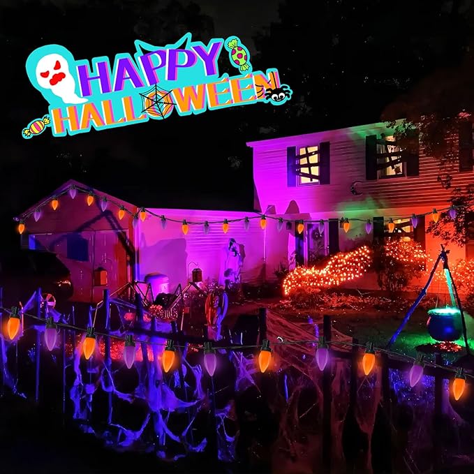 26FT LED Halloween Lights Outdoor, C7 Orange and Purple Halloween Stirng Lights with 50 LED Bulbs, Plug-in Outdoor Halloween Decorations Lights Waterproof for Halloween Patio Outdoor Party Yard Garden