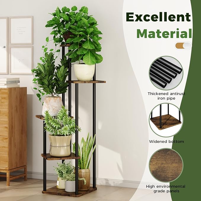 5 Tiered Plant Stand Indoor Corner Plant Shelf for Multiple Plants for Patio Garden Balcony Living Room Bedroom, Tall Metal Flower Pots Stand Relaxing for Women Gift Brown Oak