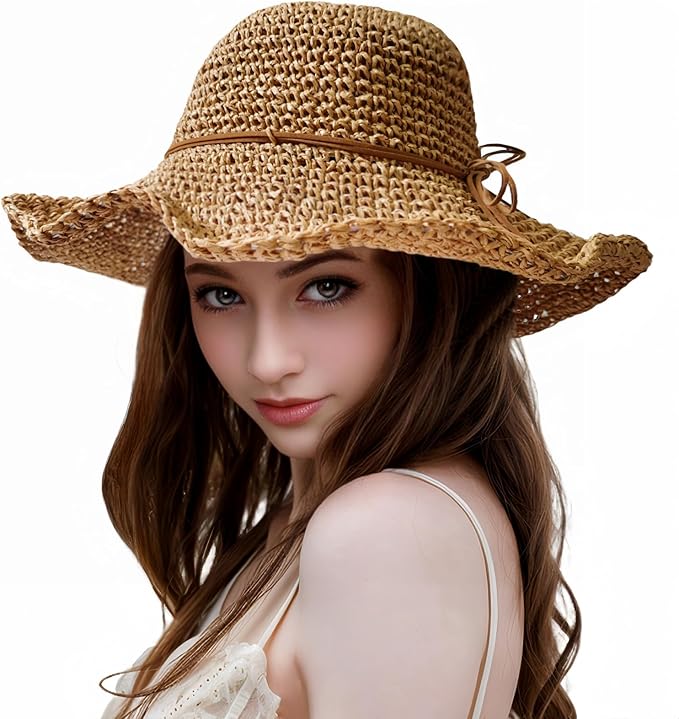 Womens Straw Beach Sun Hats, Foldable Packable Floppy Handmade Crochet Hats for Women,Large Summer Vacation Wide Brim Hat