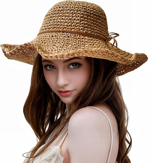Womens Straw Beach Sun Hats, Foldable Packable Floppy Handmade Crochet Hats for Women,Large Summer Vacation Wide Brim Hat