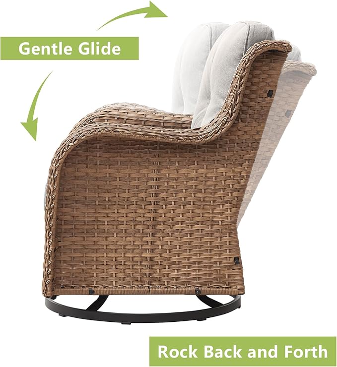 Outdoor Wicker Patio Furniture Set - 6 Piece Rattan Patio Conversation Set with 2 Rocking Swivel Chairs,2 Ottomans,1 Loveseat and 1 Coffee Table for Porch Deck Backyard Garden(Yellow/Beige)