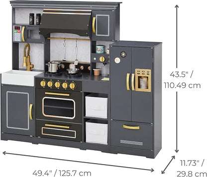Teamson Kids Little Chef Colonie Play Kitchen for Kids, Gray – 2-Piece Pretend Kitchen Set with Ice Dispenser, Coffee Maker, Farmhouse Sink & Storage, Modern Wooden Toy for Toddlers & Girls Boys