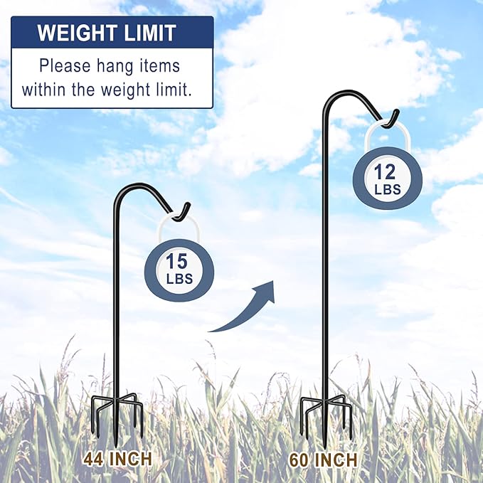 Shepherds Hook for Outdoor Bird Feeders Pole 60 Inch Tall, Adjustable Heavy Duty Garden Hanger Stake Pole with 5 Prong Base, Shiny Black (2 Packs)