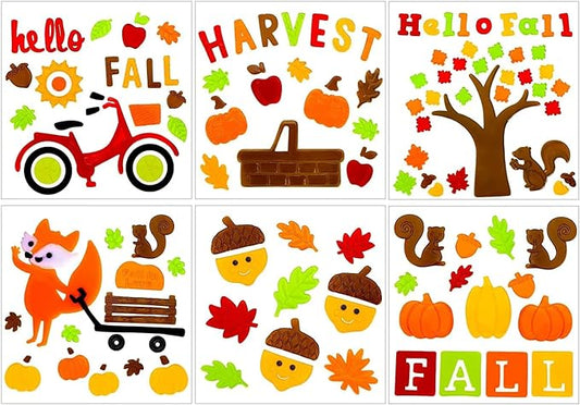 XIMISHOP 6sheet Fall Gel Window Clings, Maple Leaf Harvest Pumpkin Fox Thanksgiving Gel Window Stickers Decoration Decals for Halloween Window Decor