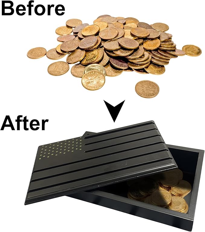 6-Row Military Challenge Coin Display Stand - Challenge Coin Holder with Rustic for Collectors Organize Medals & Memorabilia - Coin Holder for Home, Office, Showcase (Holds 30-36 Coins, American Flag ) (Black) (Black-Storage Box)