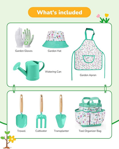 Kids Gardening Set Toys,Includes Metal Trowel,Transplanting Shovel,Garden hat,Rake,Apron,Gloves,Watering Can,and Tool Organizer Bag (Lake Green)