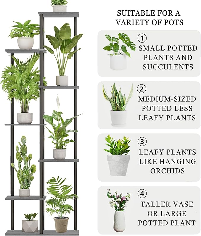 Plant Stand Indoor 7 Tier 8 Potted Metal Wood Plant Shelf, Multiple Flower Pots Corner Tall Plant Holder Stands for Living Room Balcony Bedroom, Oak Grey