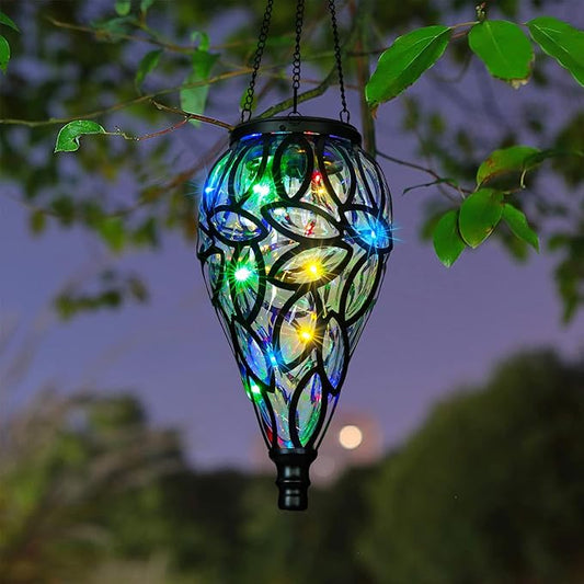 Outdoor Plastic Solar Hanging Lantern, 15 Multi Color LEDs Twinkle Effect Tear-Shaped Hanging Lantern Decor Garden Decorative Solar Lights for Backyard, Patio and Lawn