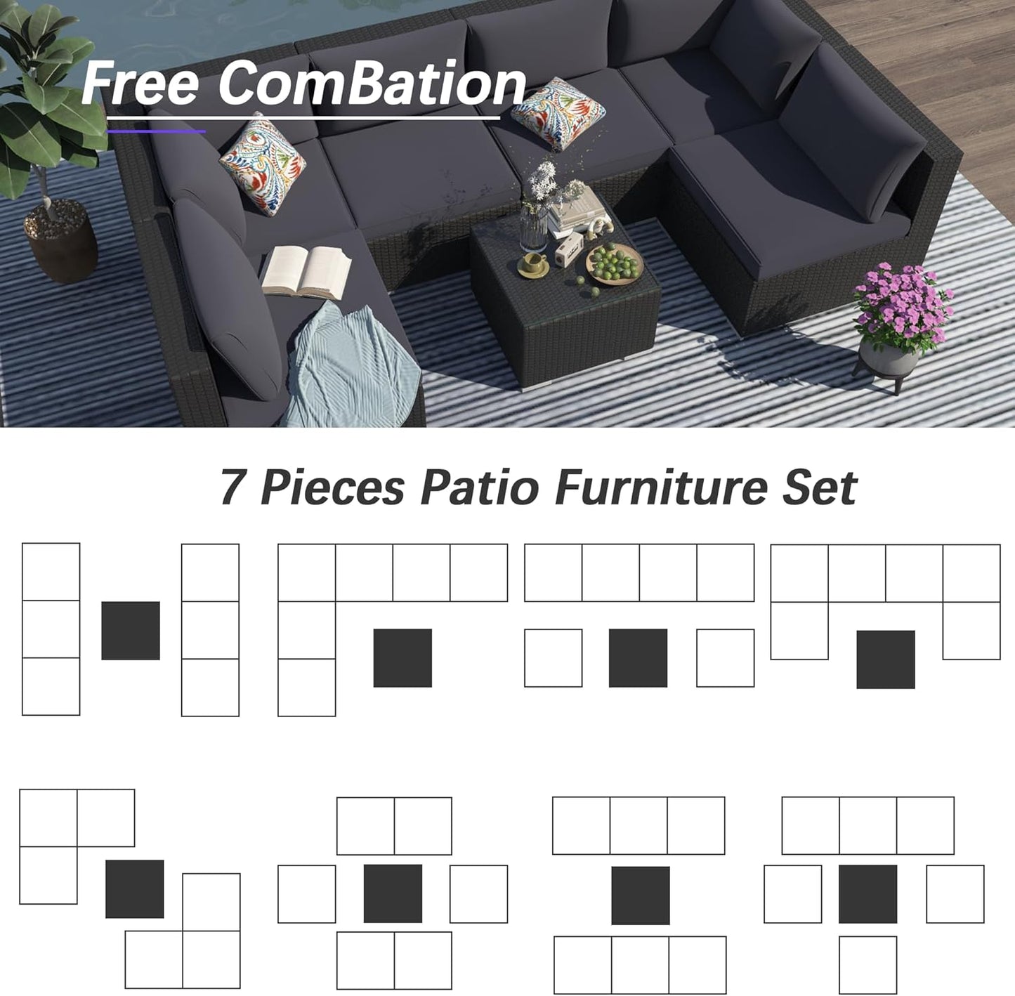 7 Piece Patio Furniture Set, Outdoor Couch Set—All-Weather Outdoor Furniture Sectional w Water Resistant ThickCushions, Patio Sofa Set w 2 Extra Pillows and Coffee Table, Deep Gray/Black