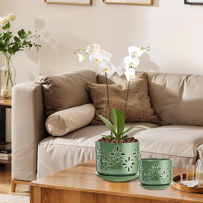 6+5 Inch Orchid Pots with Holes, Ceramic Orchid Pots, Orchid Pots for Repotting,Healthy Air Circulation Plant Pots for Plant Lovers,Planters for Indoor Plants -2 Pack