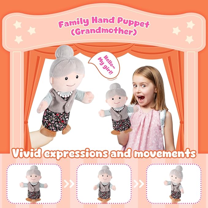 1 Pcs Family Hand Puppets 12 Inch Grandparents, Mom & Dad, Brother & Sister Plush Hand Puppet Toys Role-Play Toy Puppets for Kids Storytelling Imaginative Pretend Play Teaching Preschool(Grandma A)