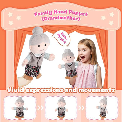 1 Pcs Family Hand Puppets 12 Inch Grandparents, Mom & Dad, Brother & Sister Plush Hand Puppet Toys Role-Play Toy Puppets for Kids Storytelling Imaginative Pretend Play Teaching Preschool(Grandma A)