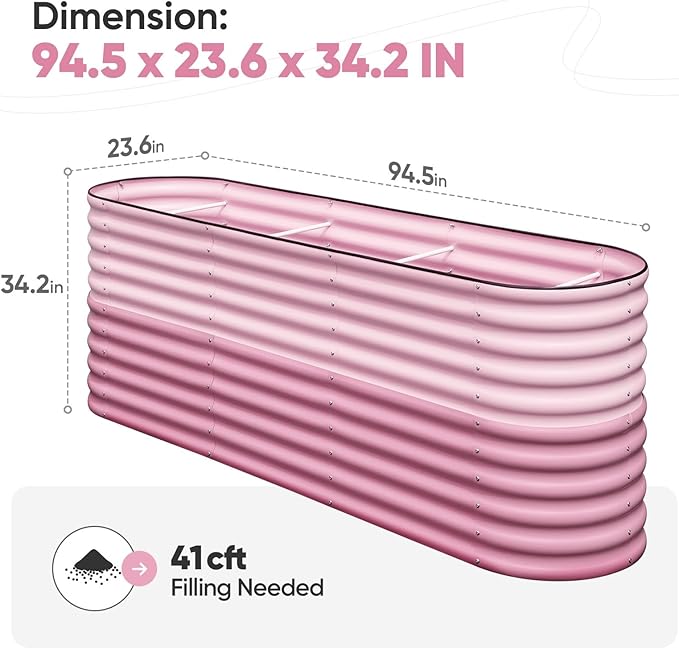 KING BIRD Raised Garden Bed 2.85 ft Tall 9 in 1 Galvanized Planter Garden Box Outdoor for Gardening, Deep Root Vegetables, Flowers 94.5X23.6X34.2 in, Pink