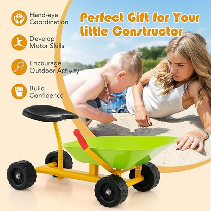 Costzon Kids Ride-on Sand Dumper, Children Outdoor Sandbox Toy w/Ergonomic Handle & 4 Wheels, Heavy Duty Steel Digging Metal Garden Play Tool for Boys Girls, Kids Wheelbarrow (Light Green)