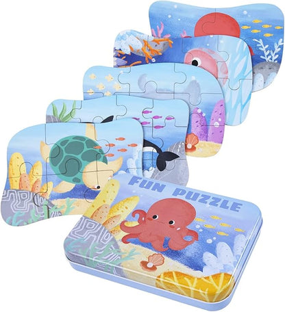 Wooden Floor Puzzles Set for Toddler Age 2-4 Easy 5 Pack 4 to 12 pcs Large Ocean Animal Beginner Puzzles for Early Educational Toy