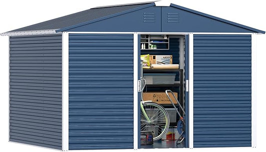 Metal Outdoor Storage Shed 10FT x 10FT, Steel Utility Tool Shed Storage House with Sliding Door, Metal Sheds Outdoor Storage for Backyard Garden Patio Lawn, Blue