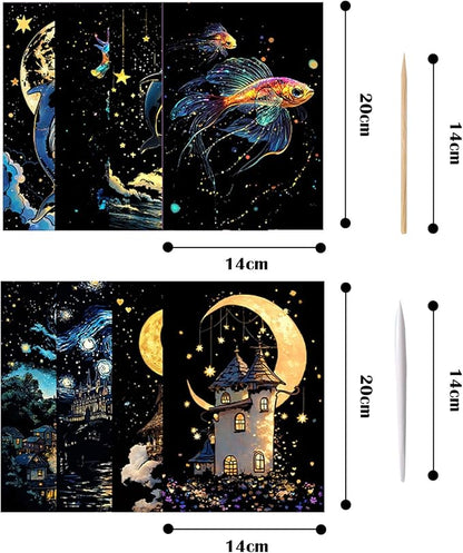 Georgie Porgy Scratch Paper Art Set for Kids Adults Magic Rainbow Scratchboards for DIY Arts and Crafts Kits Christmas Birthday Gift with Scratching Tools Kit (A5-Noctilucent Castle + Sea Animals)