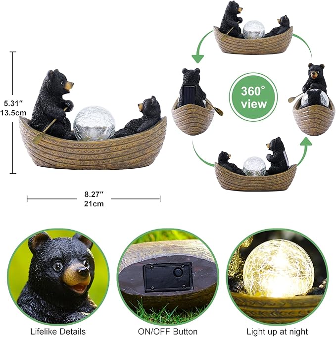 Solar Bears Boating Statues with Cracked Glass LED Lights – Funny Resin Bear Decor Garden Decorations for Patio,Balcony,Yard,Birthday Gifts for Women Mom