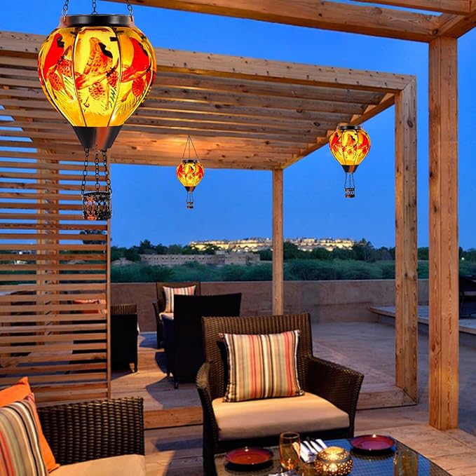 Cardinal Solar Hot Air Balloon Lantern with Flame, Glass Hot Air Balloon Solar Lantern Outdoor Waterproof, Hanging Hot Air Balloon Solar Light, Cardinal Gifts for Mom Woman Christmas