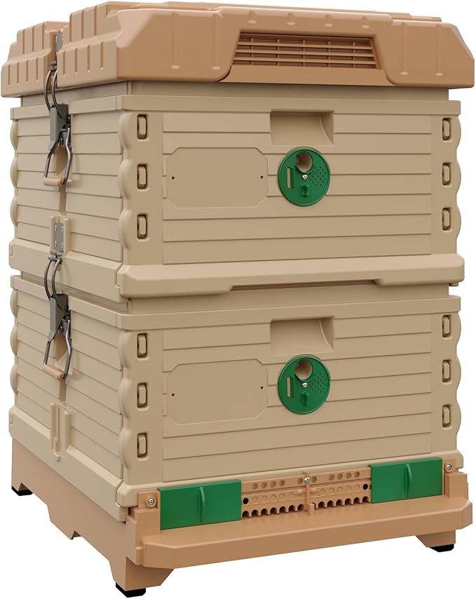 Ergo Insulated 10 Frame Bee Hive Set [NO Frames Included] (Double Deep, Tan Body Green Entrance)