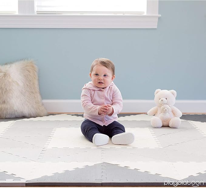 Play Platoon Non-Toxic Extra-Thick 96 Piece Triangle Play Mat - Comfortable 6x6ft Cushiony Foam Floor Puzzle Exercise Mat for Kids & Toddlers - Gray & Cream