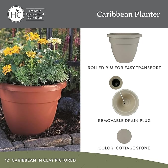 The HC Companies 20 Inch Caribbean Planter - Lightweight Indoor Outdoor Plastic Plant Pot for Herbs and Flowers, Cottage Stone