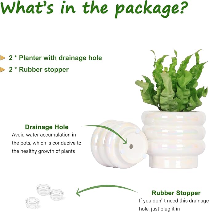 5.7 Inch +4.1 inch 2 pcs Ceramic Plant Pots for Indoor Plants, Rainbow Pearl Glaze Planter with Planters for Plants with Drainage Hole, Orchid Pots, Succulent Pot, Flower Pot (White)