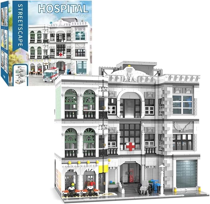 City Emergency Hospital Building Kit, MOC Street View Architecture 3 Levels Modular Buildings with 17 Figures, Construction Sets Ideas Present for Adults (4953 Pcs)