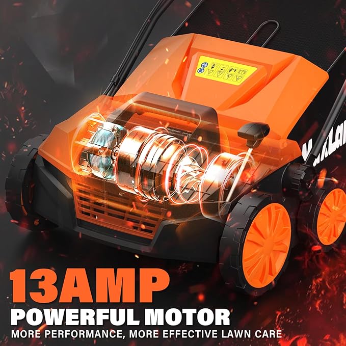 MAXLANDER 15” 13 Amp Electric Dethatcher and Scarifier, 2-in-1 Lawn Dethatcher with 5-Position Depth Adjustment, 45L Removable Collection Bag, Airboost Technology Increases Lawn Health