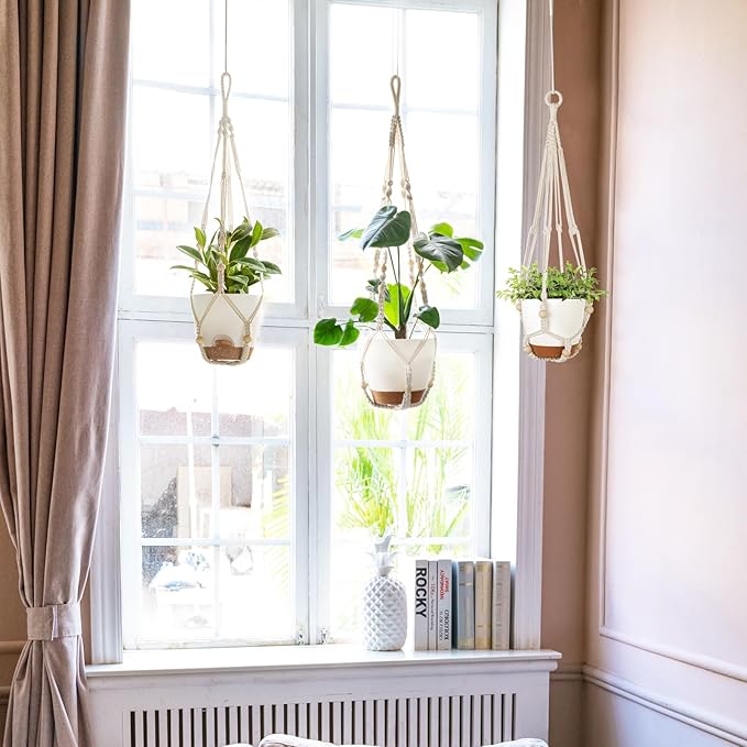 Mkono Hanging Planters, Macrame Plant Hangers with Self Watering Plant Pots Indoor Set of 3 Hanging Baskets Flower Pot Holders with Hooks No Tassels 3 Different Size for Boho Home Decor