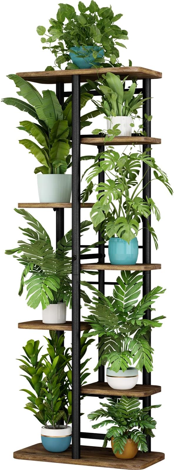 LINZINAR Plant Stand 7 Tier 8 Potted Multiple Flower Pot Holder Shelf Indoor Outdoor Planter Rack Storage Organizer for Patio Garden Corner Balcony Living Room (7 Tier-8 Potted, Black)